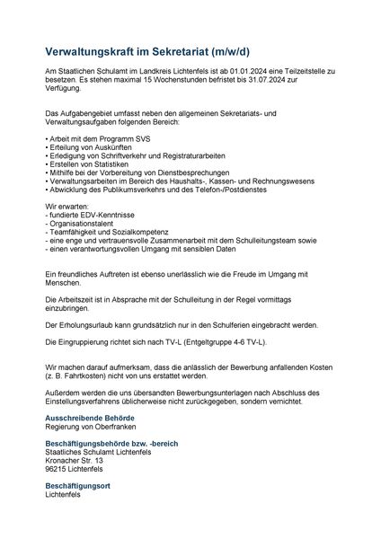 Verwaltungskraft im Sekretariat Schulamt Lichtenfels_1