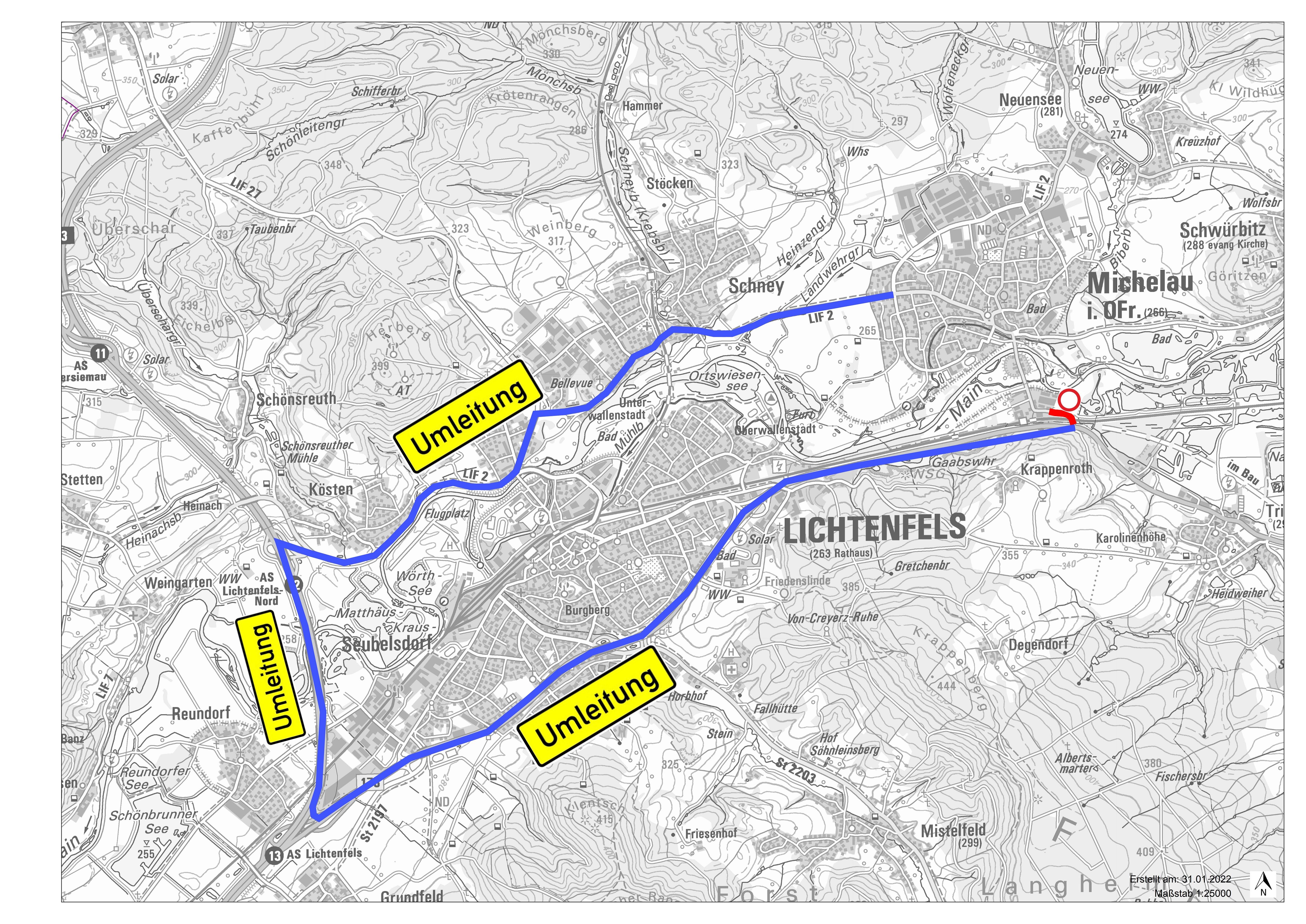 Umleitung bei Vollsperrung der Kreisstraße LIF 13 im Einmündungsbereich B173 bei Michelau. Quelle: Landratsamt Lichtenfels